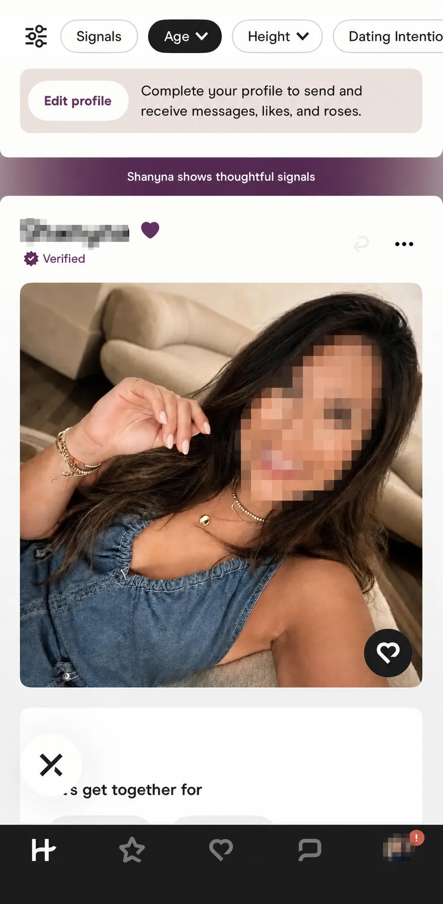 Hinge profile screen displaying visible dating preferences and relationship cues.