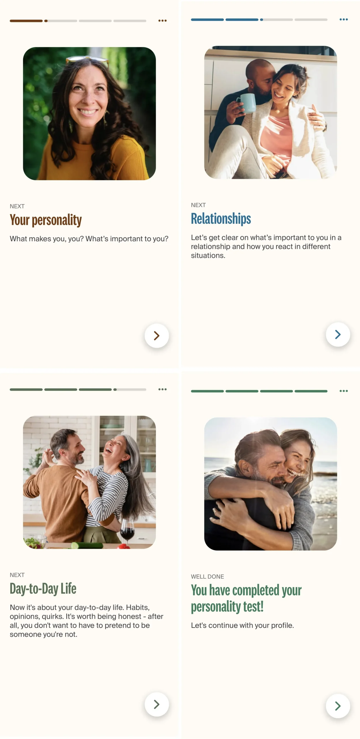 eharmony Compatibility Quiz flow during account creation.