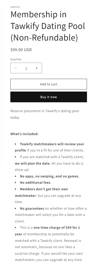 Public one-year Tawkify Dating Pool Member offer and its visible terms.