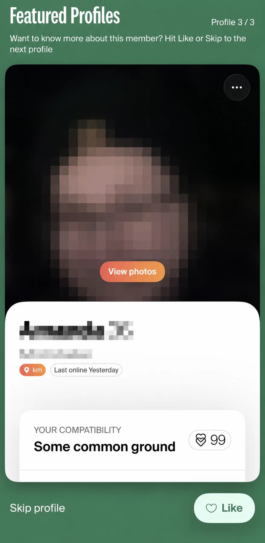 eharmony compatibility cues and profile details with personal information masked.