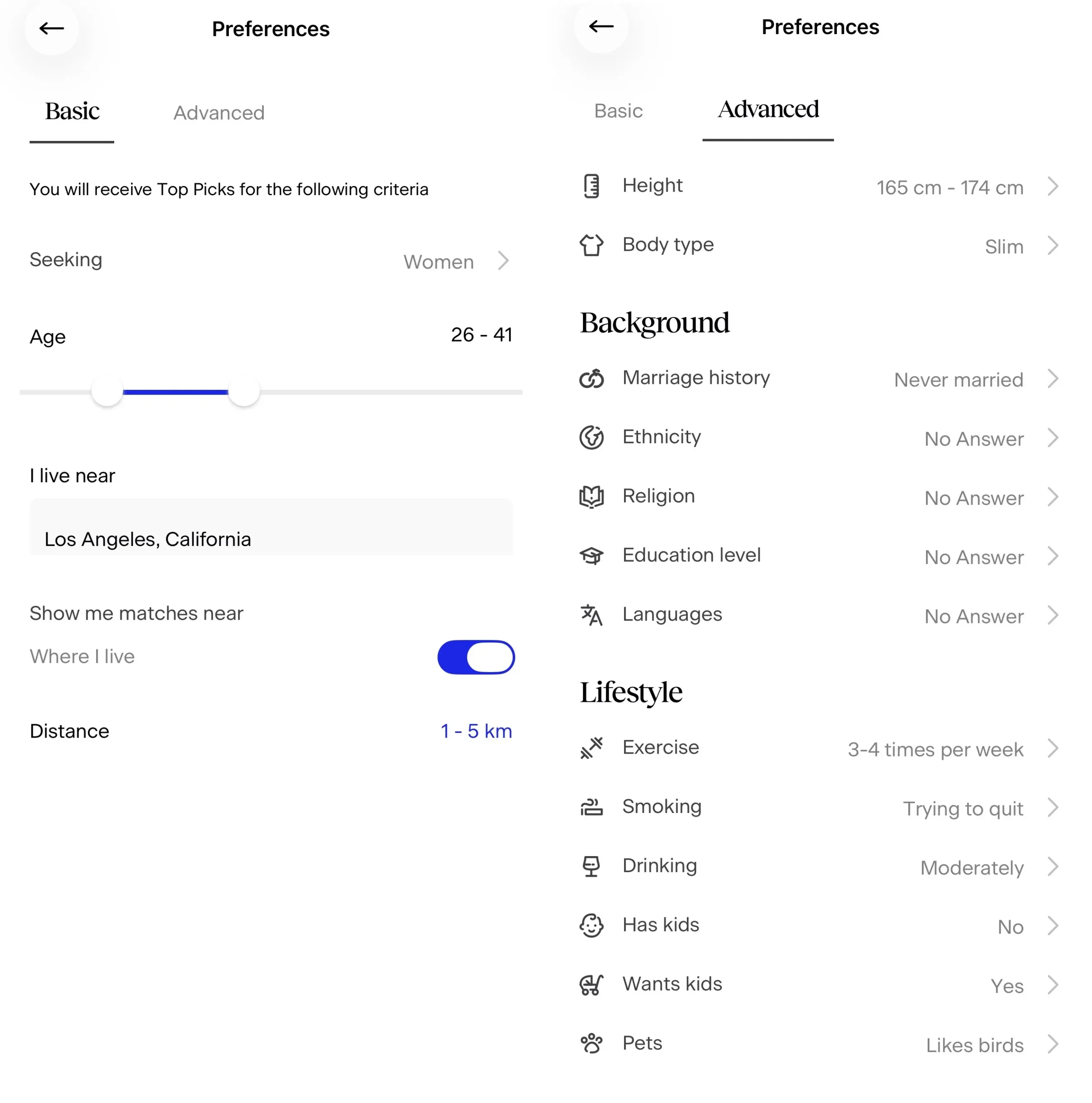 Match app preference settings for age, location, lifestyle, and family fields.