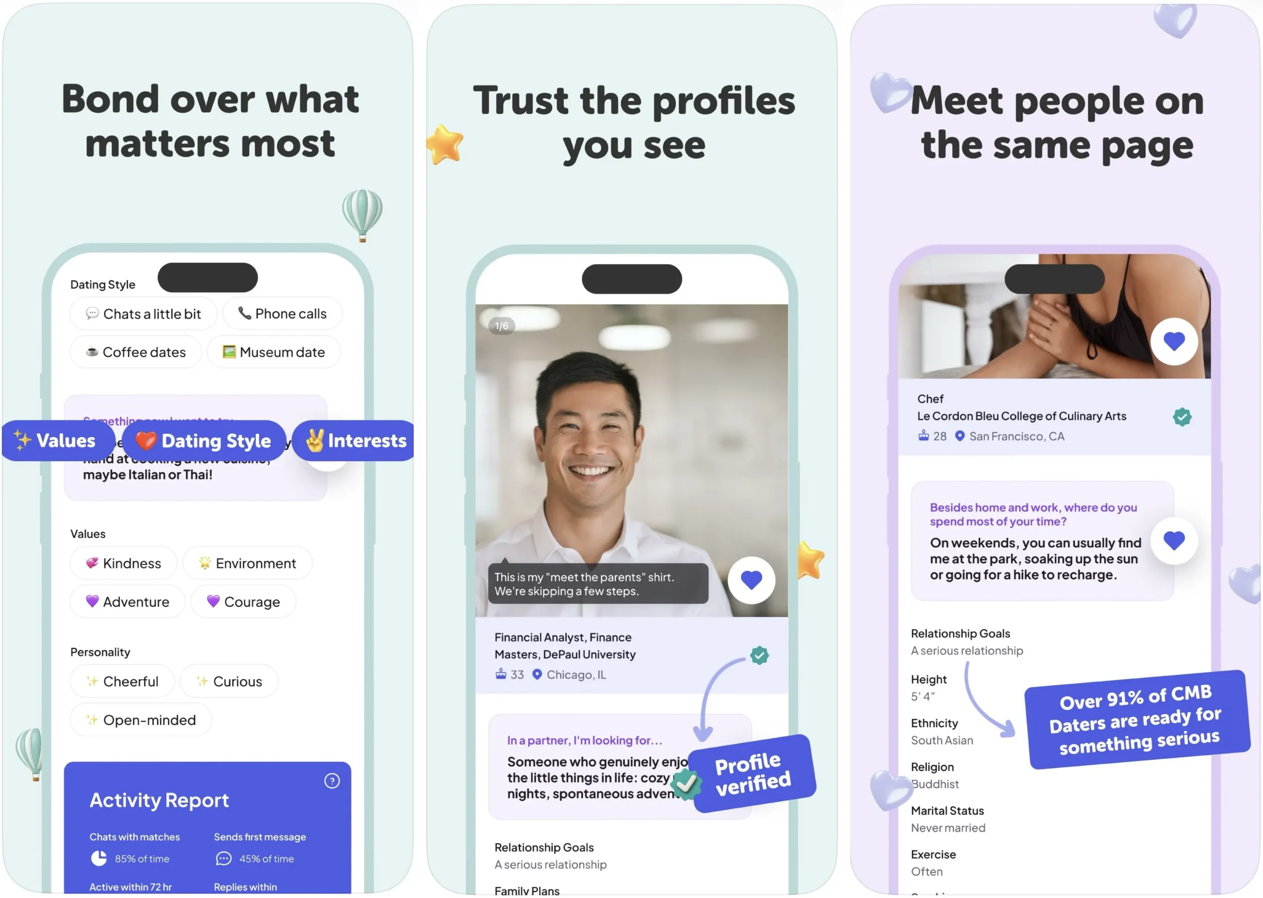 Coffee Meets Bagel profile details showing values, dating style, and relationship goals.