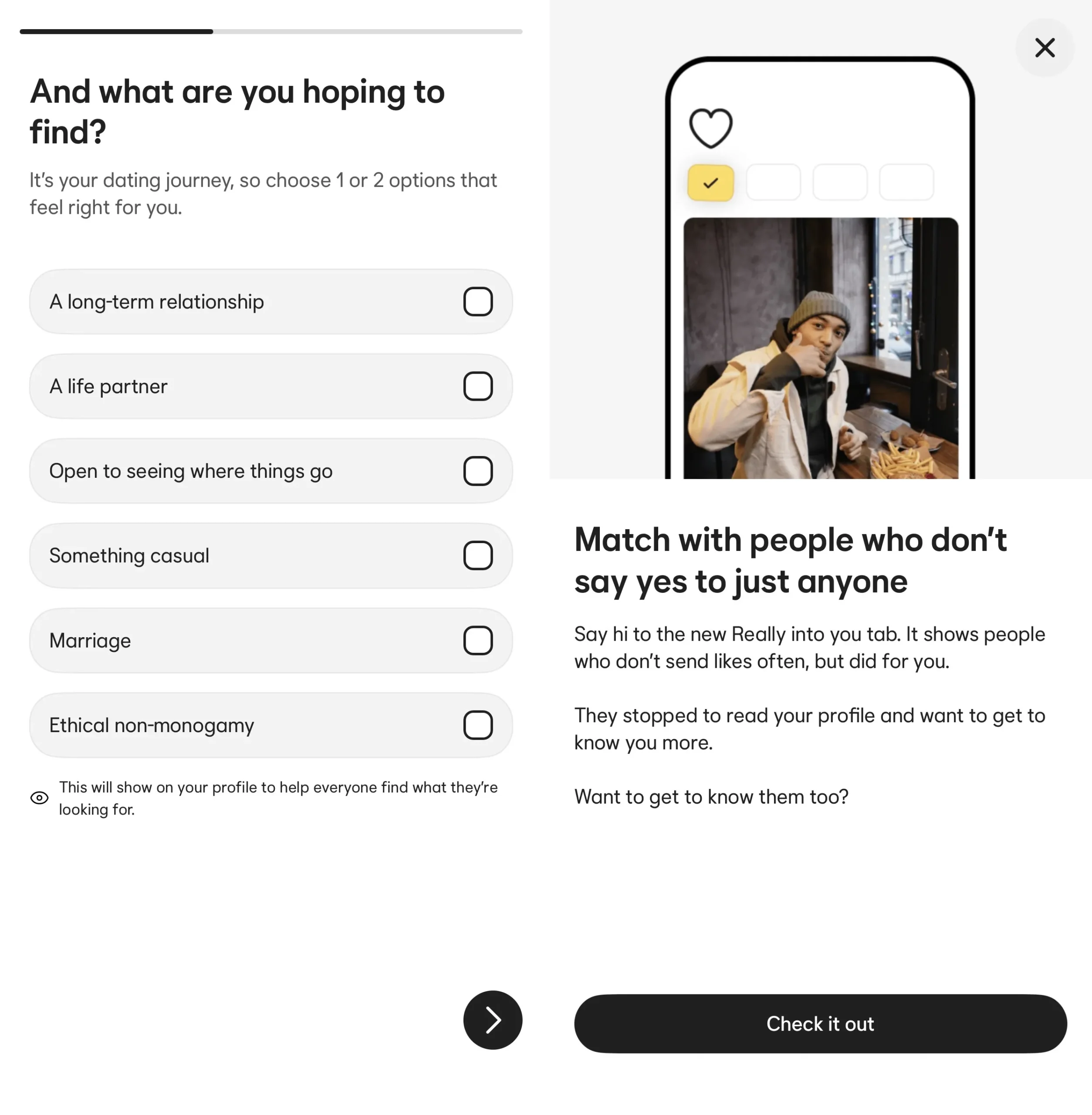 Bumble filters showing relationship goals and advanced lifestyle preferences.