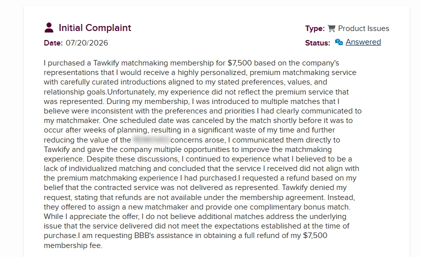 BBB complaint alleging problems with Tawkify matching, a cancelled introduction and refund terms.