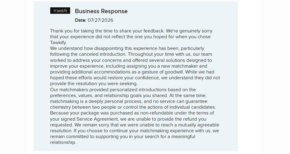 Tawkify response to a BBB complaint about service expectations and a refund request.