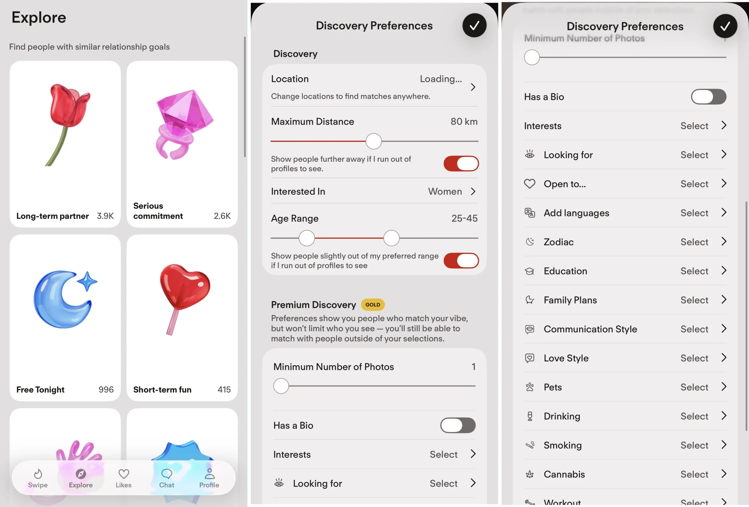 Tinder Explore tab displaying Long-Term Partner options alongside casual categories.