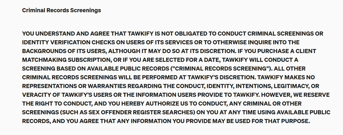 Tawkify Terms section describing public-record criminal screening scope and its limitations.