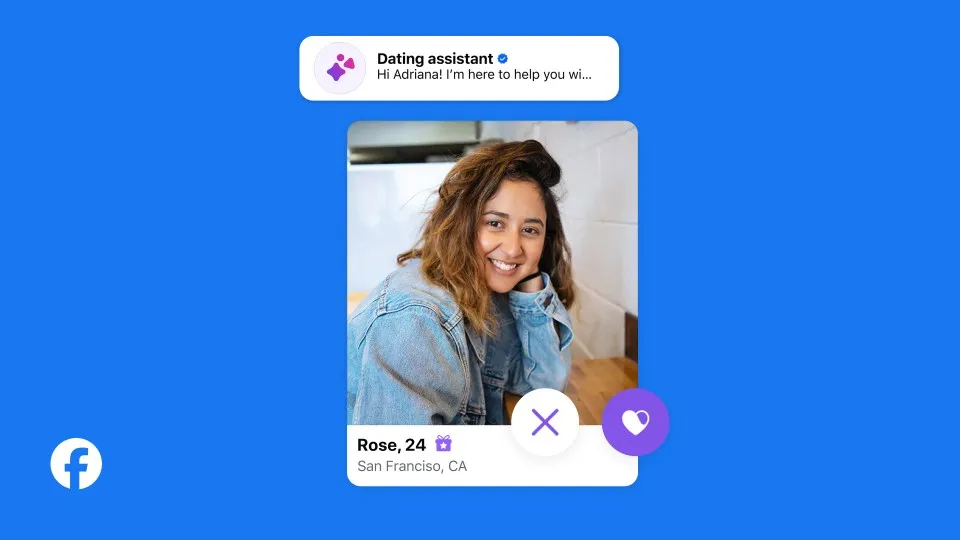 Facebook Dating promotional image showing a dating profile card inside the Facebook dating experience.
