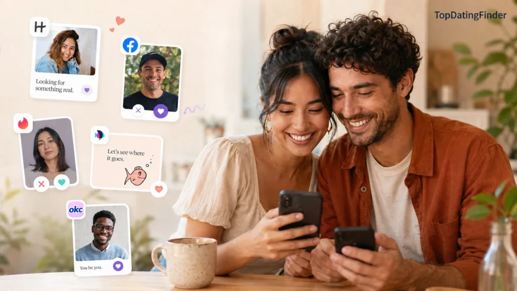Couple comparing free dating apps on their phones before choosing a dating platform.