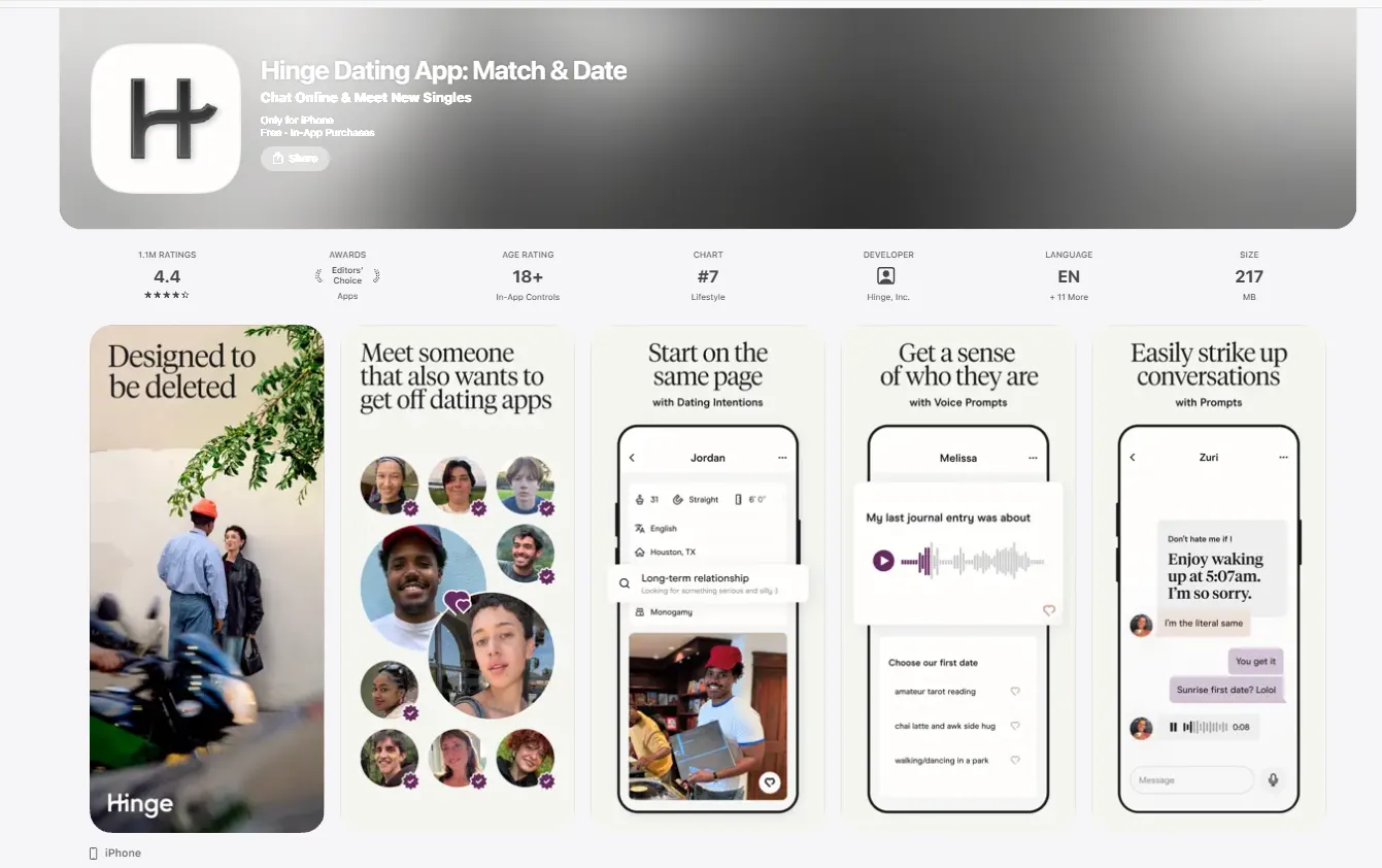 Hinge App Store page showing profile prompts, dating intentions, voice prompts, and conversation features.