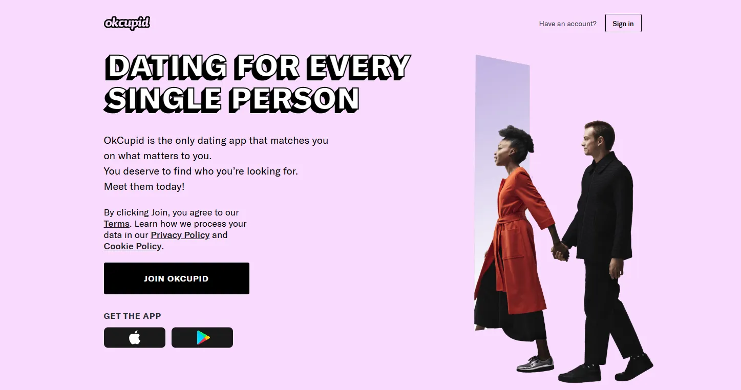 OkCupid homepage showing its dating platform branding and Join OkCupid signup button.