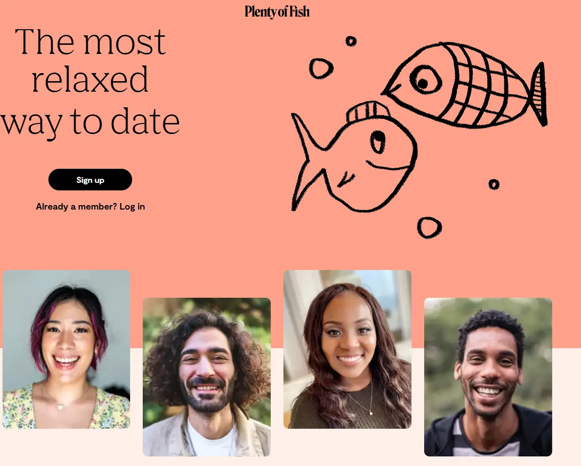 Plenty of Fish homepage showing its dating platform branding and signup experience.