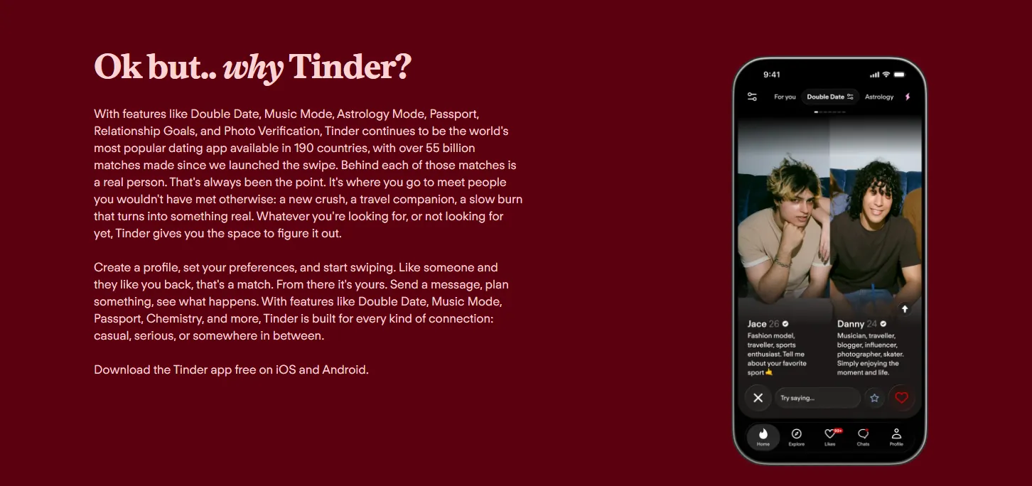 Tinder official website showing its dating app interface and mutual-match experience.