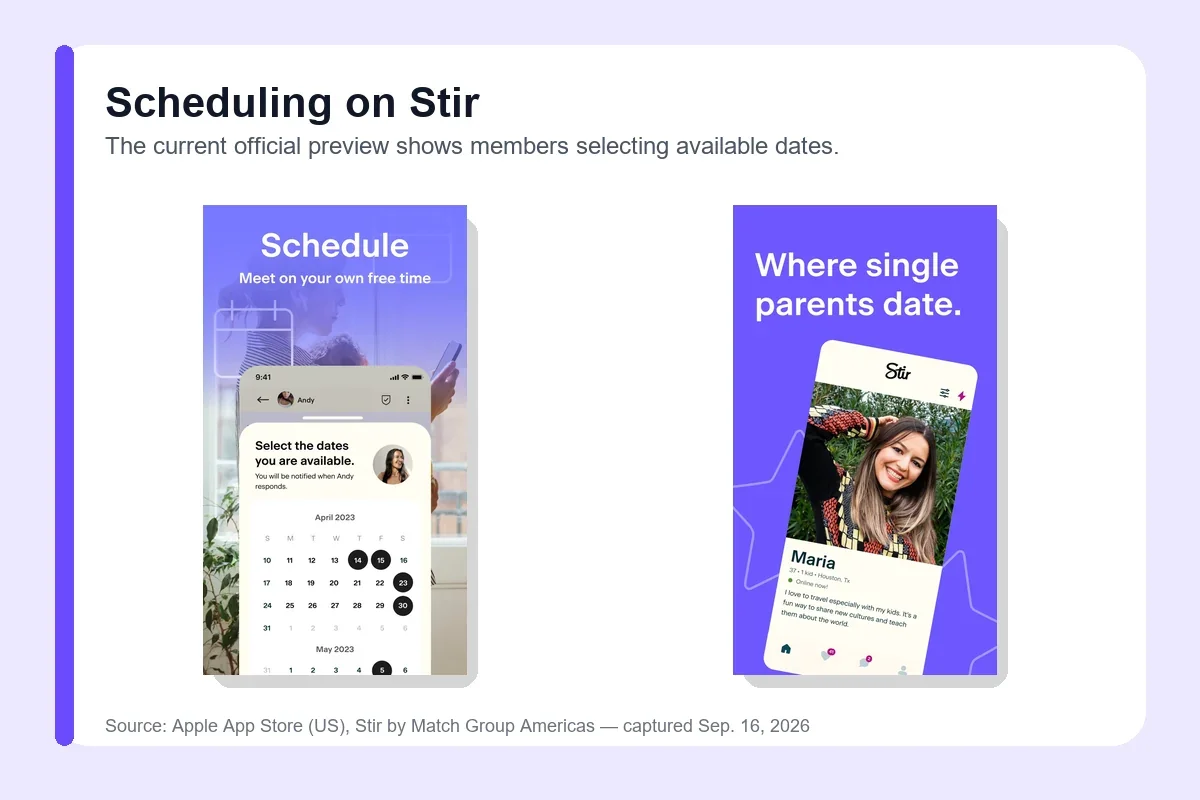 Stir dating app preview showing a single parent selecting available dates
