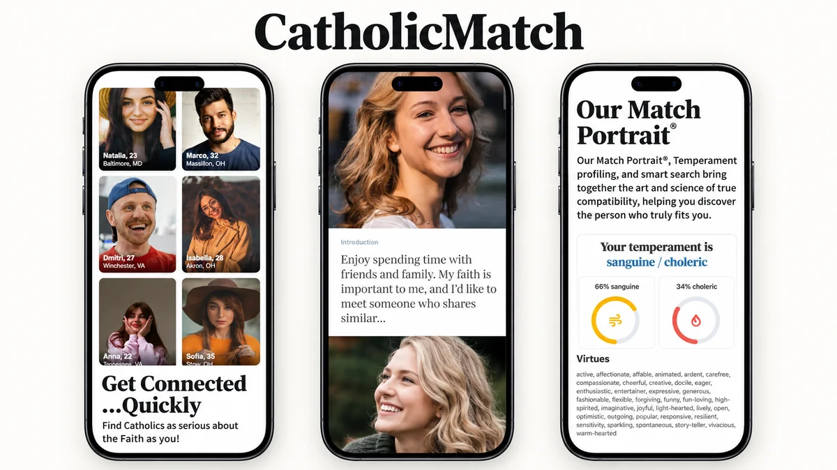 CatholicMatch mobile app and desktop browsing interface for Catholic singles