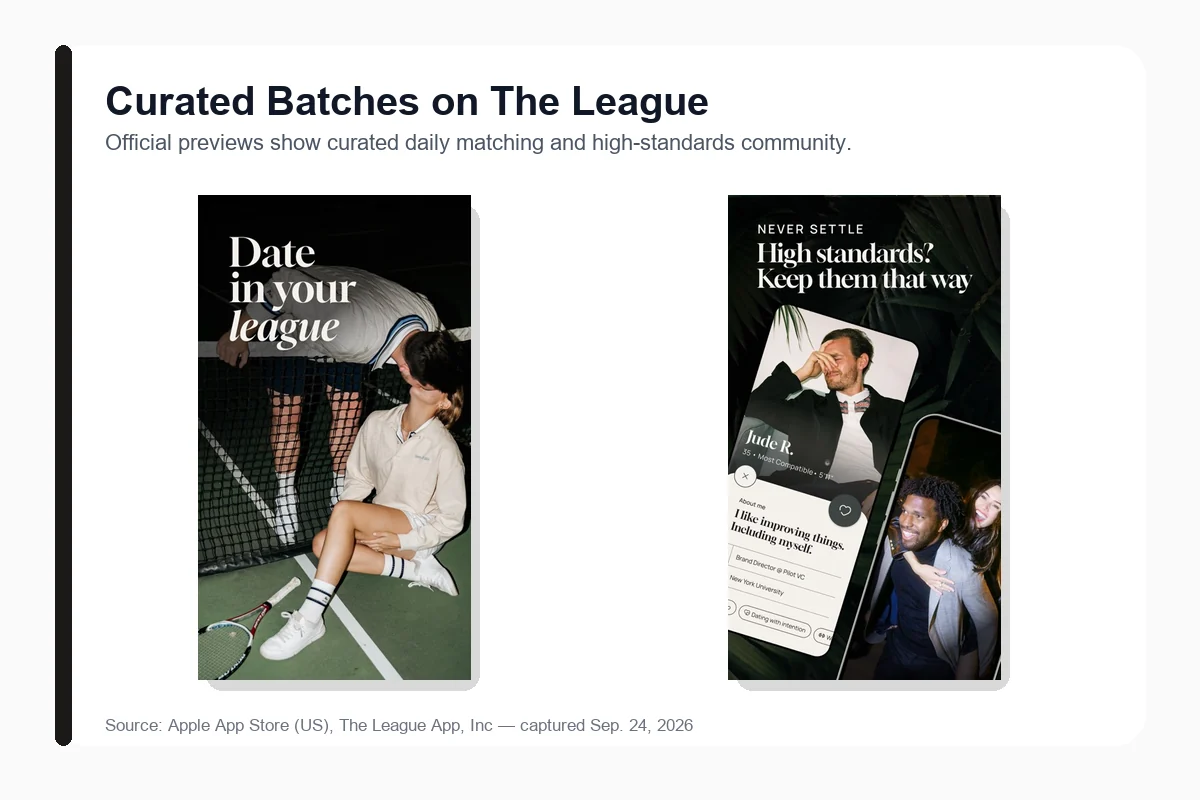 The League dating app LinkedIn verification and Happy Hour matching interface