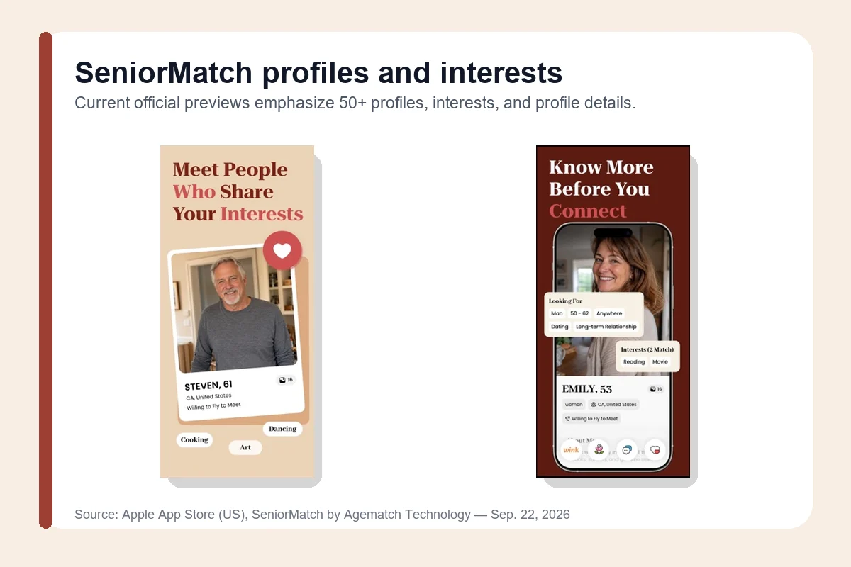SeniorMatch official app previews showing mature profiles and shared interests