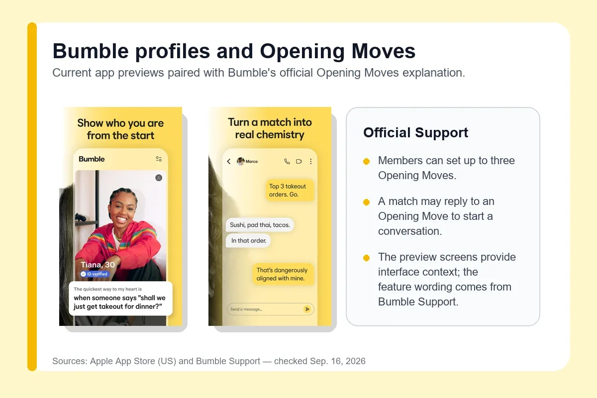 Bumble app previews with an official explanation of Opening Moves