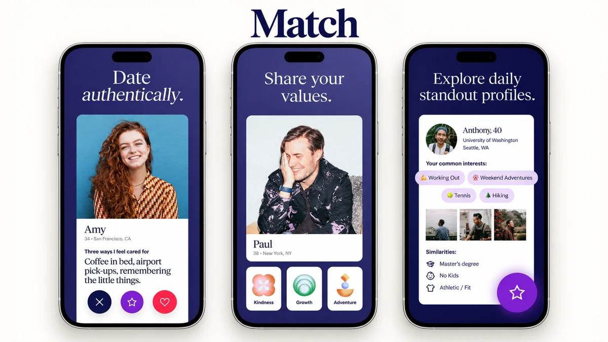 Match.com mobile discovery deck and profile browsing interface