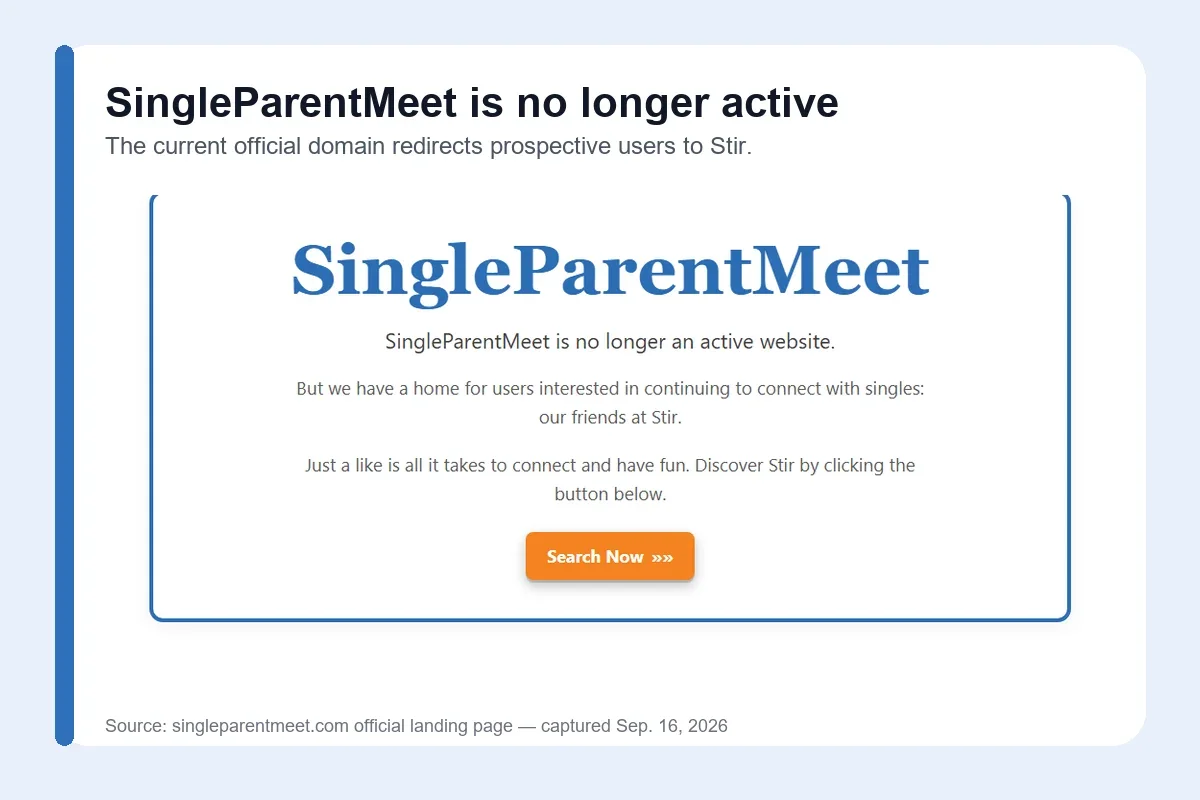 SingleParentMeet official page stating that the dating website is no longer active