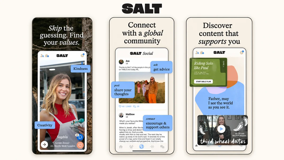 SALT Christian dating app mobile profile cards and community interface