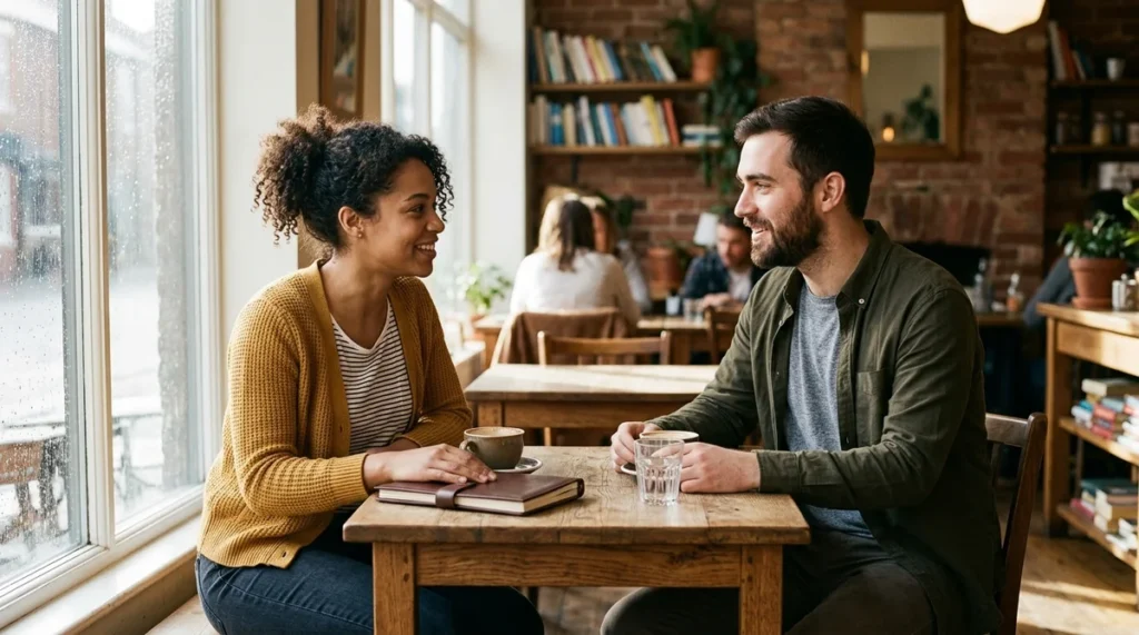 Couple talking at a coffee shop representing the best Christian dating apps evaluation