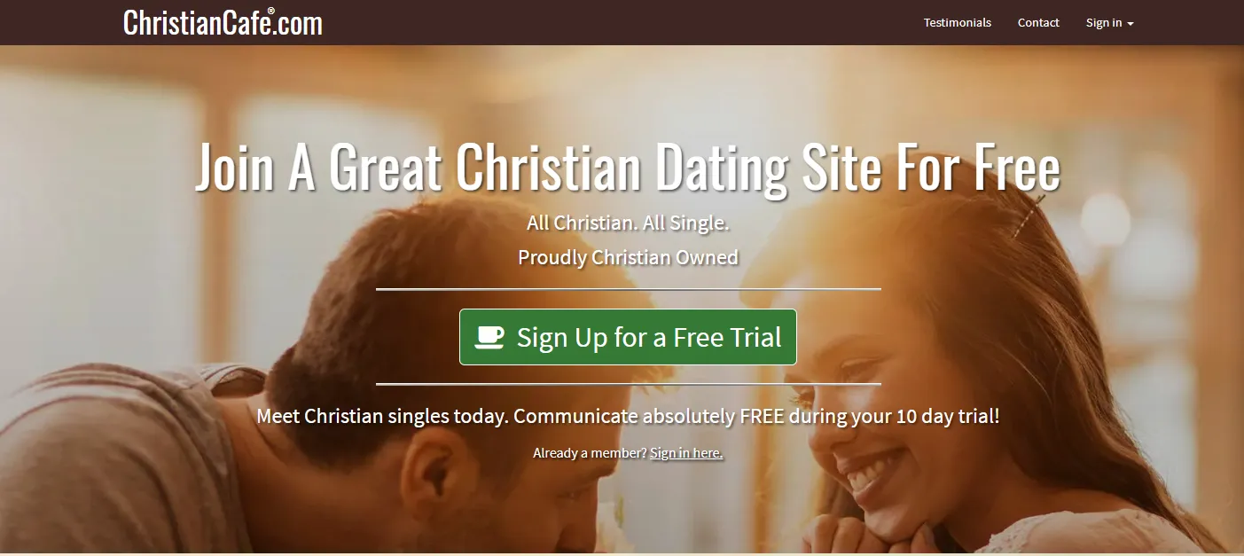 ChristianCafe homepage presenting its Christian-focused dating service.