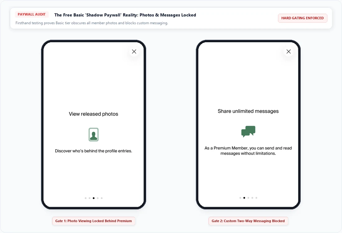 eHarmony free vs paid membership paywall screens showing locked photos and restricted messaging