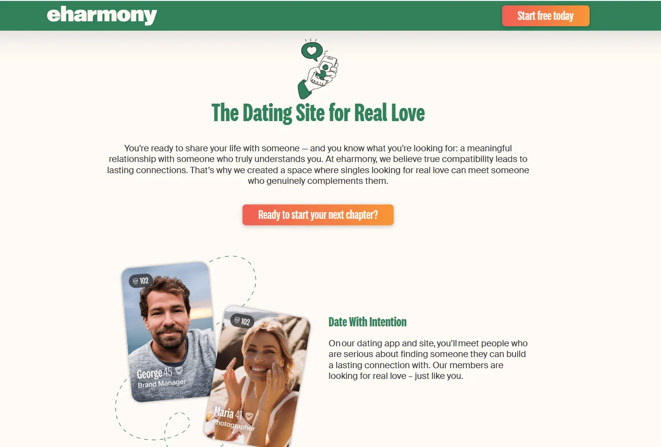 eharmony homepage showing its Real Love and Date With Intention positioning.