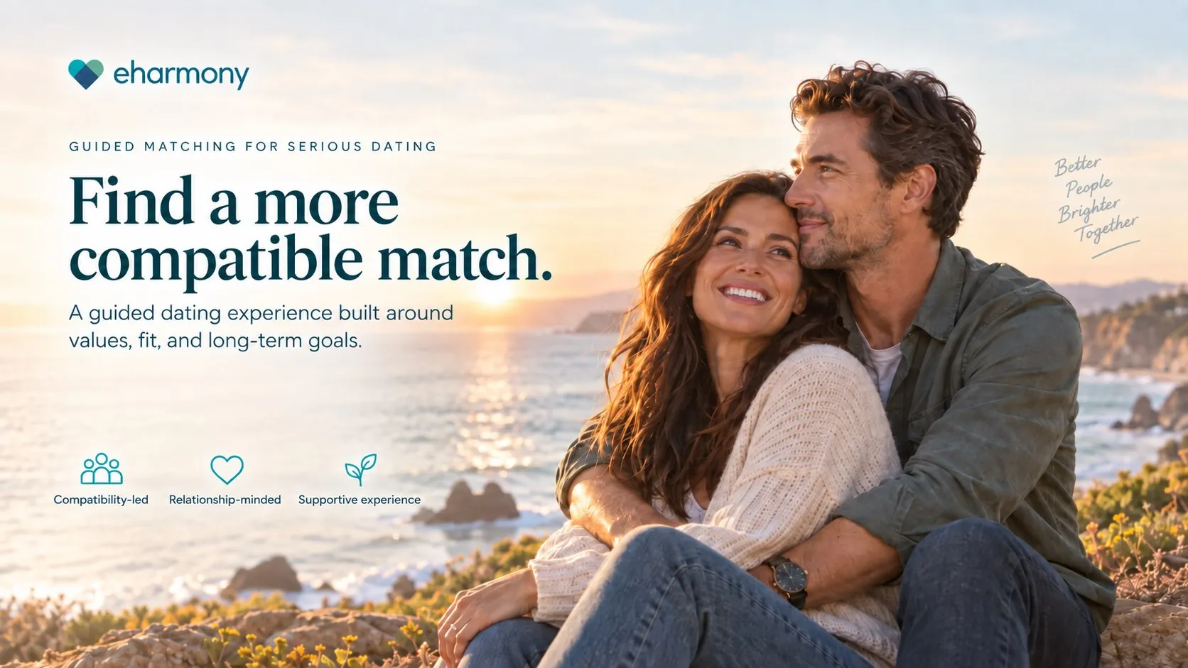 Illustrative eharmony-style hero image showing a couple by the coast with messaging about compatibility and serious dating.