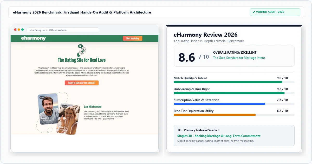 eHarmony Review 2026 light-themed editorial scorecard and hands-on testing benchmark by TopDatingFinder