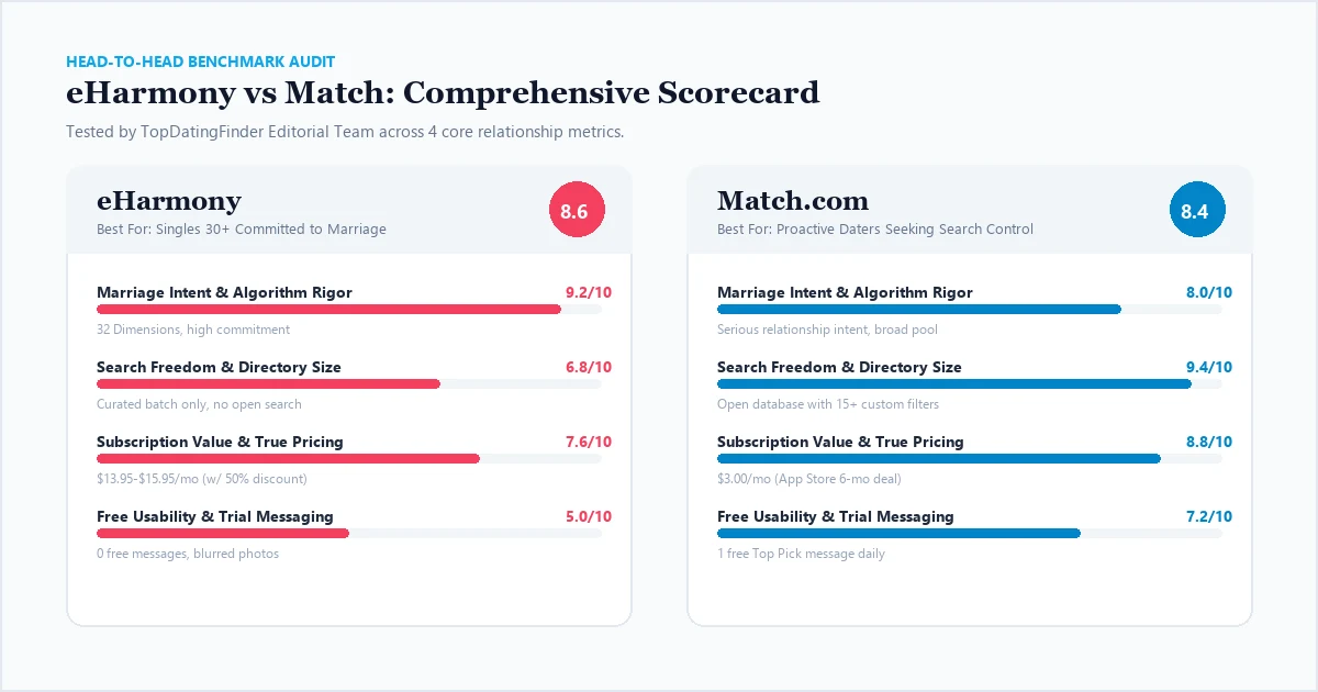 eHarmony vs Match side-by-side benchmark scorecard comparing marriage intent, search freedom, pricing, and free usability