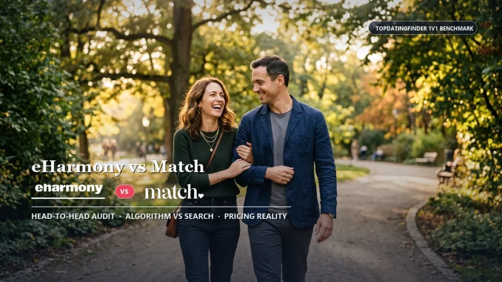 eHarmony vs Match comparison hero banner with verified brand logos