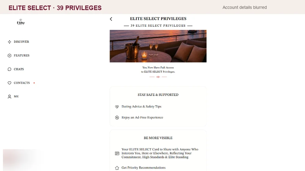 EliteSingles Elite Select checkout dashboard showing 39 privileges