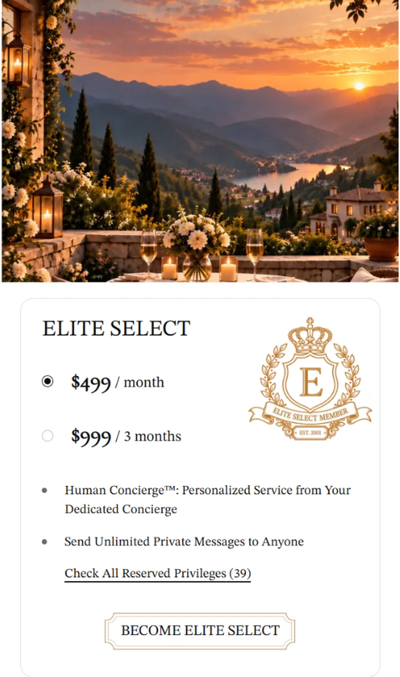 EliteSingles Elite Select checkout modal showing $499 per month and $999 for 3 months pricing options