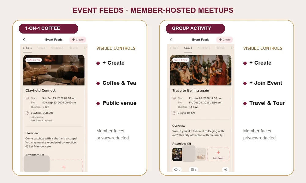 EliteSingles Event Feeds mobile interface showing 1-on-1 coffee meetups and group travel events with Create button