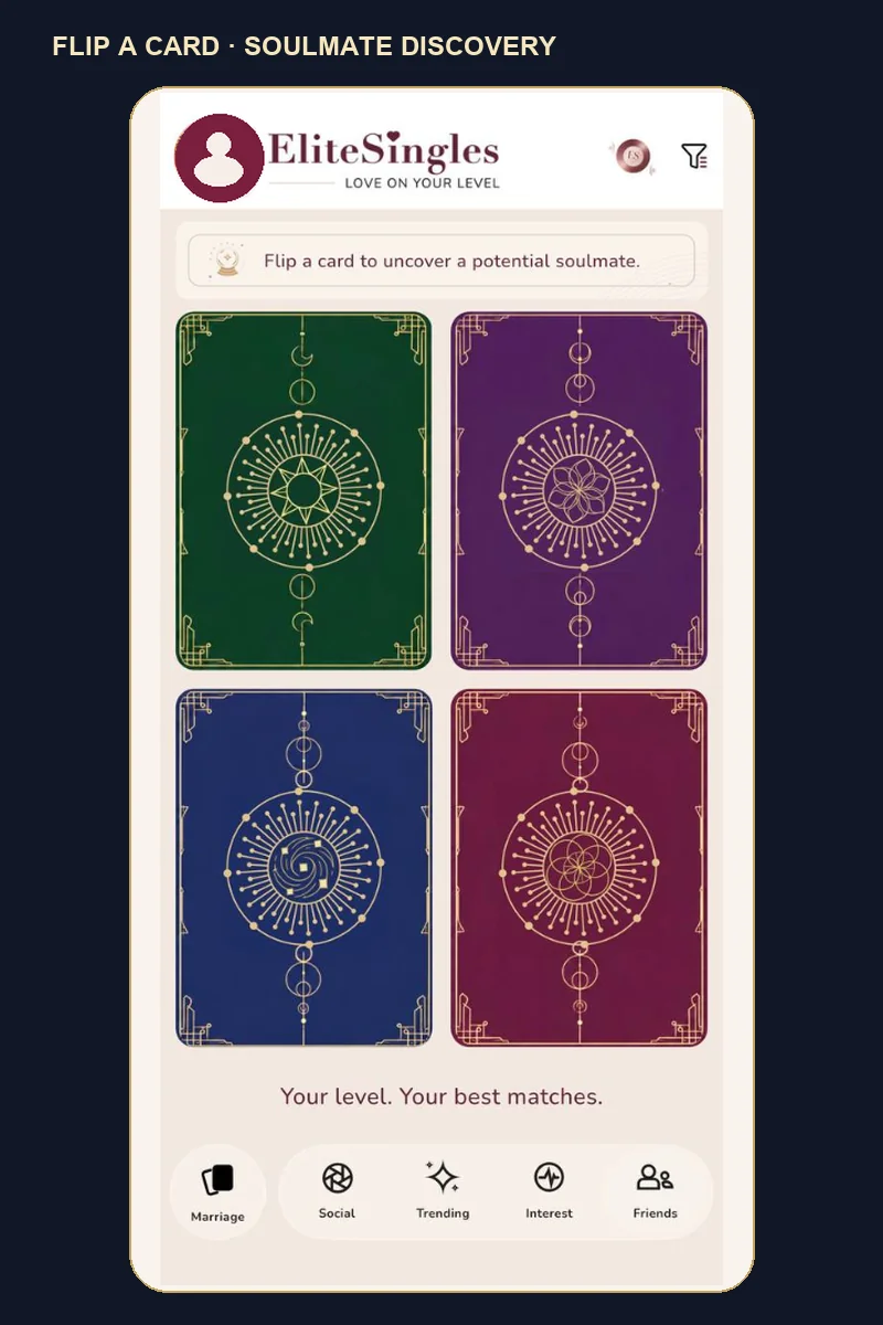 EliteSingles mobile app showing Flip a card to uncover a soulmate and 5-tab navigation