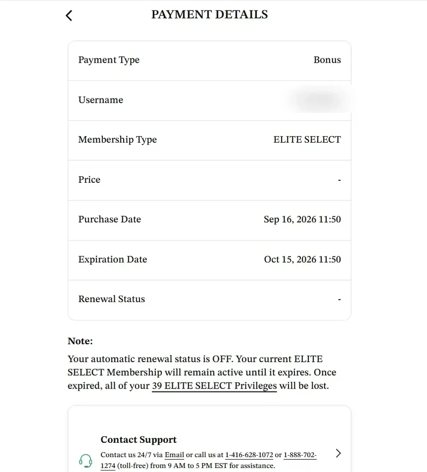 EliteSingles Payment Details screen showing auto-renewal status OFF and customer support phone numbers