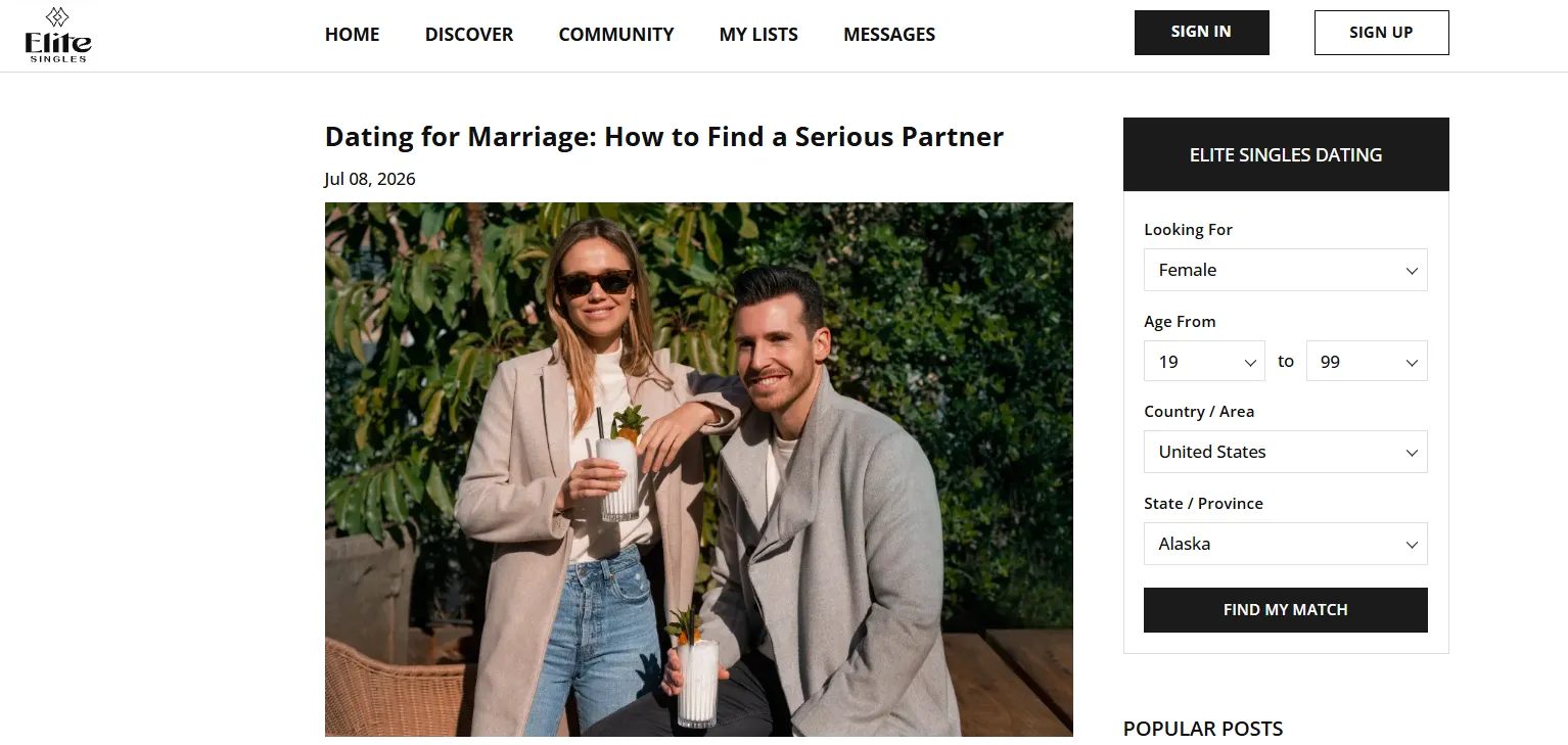 EliteSingles Dating for Marriage page showing its serious-partner positioning.