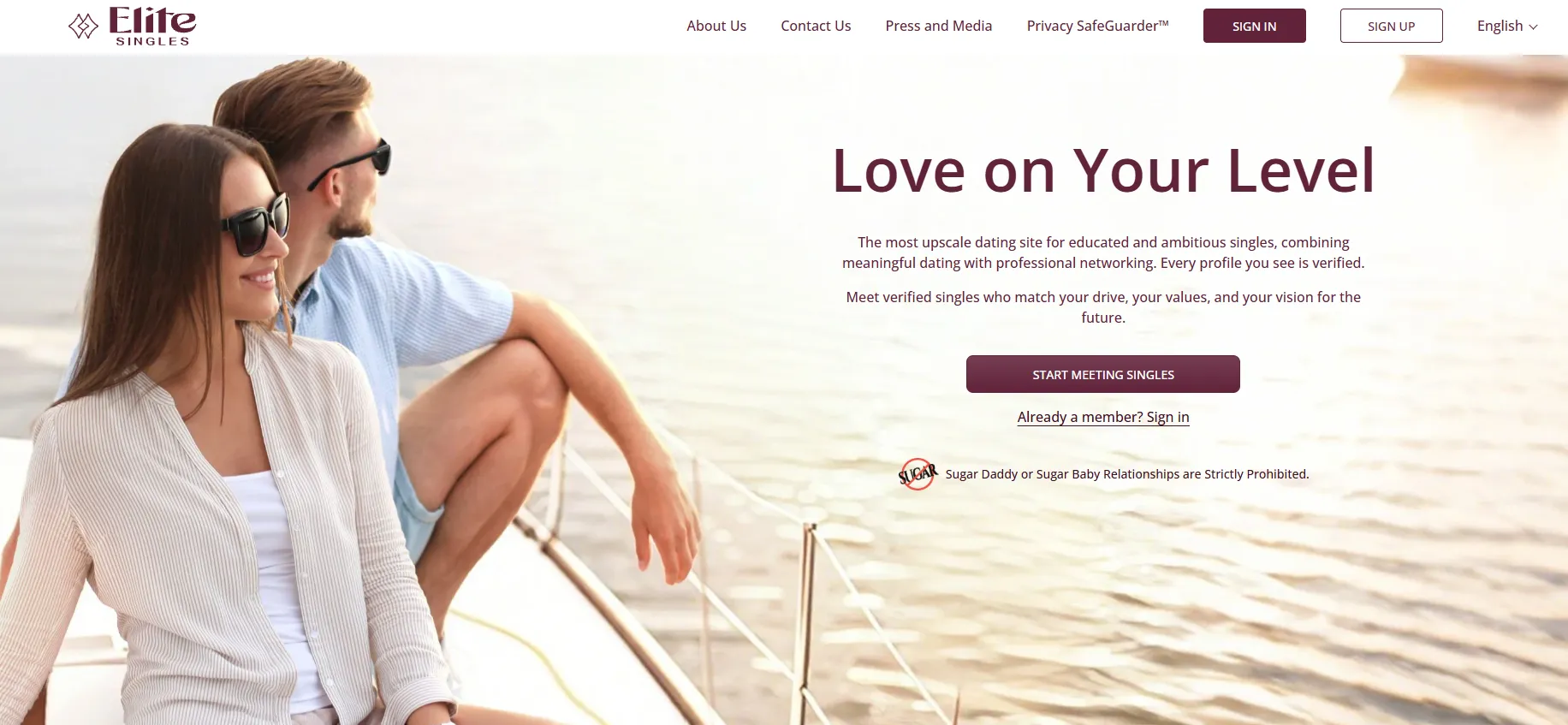 EliteSingles homepage describing the dating service as aimed at educated and ambitious singles.