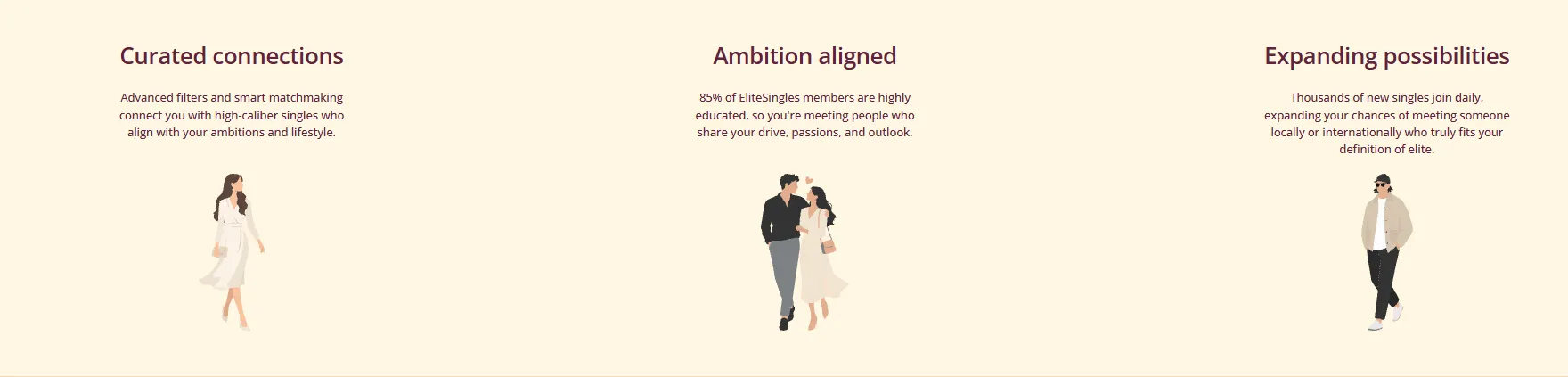 EliteSingles page showing its educated and ambitious singles positioning and curated matching features.