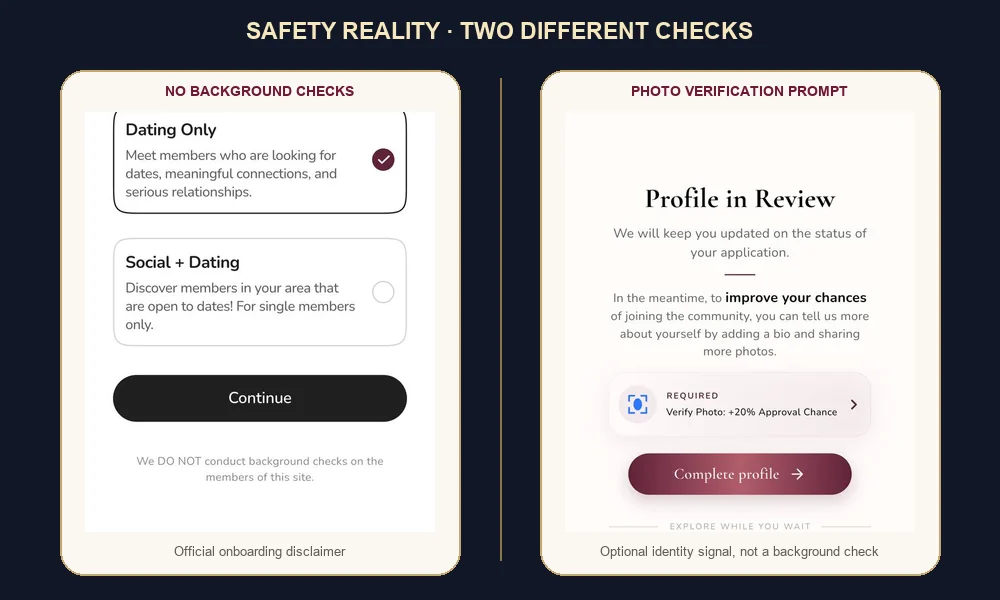 EliteSingles mobile onboarding screens showing background check disclaimer and photo verification prompt