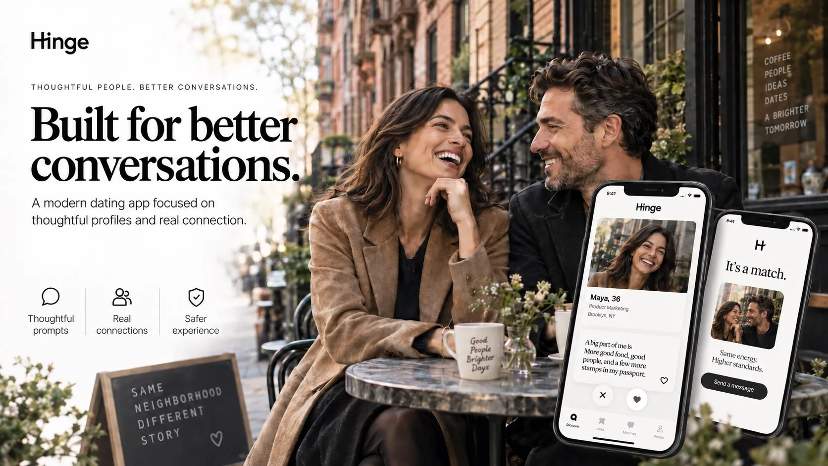 Illustrative Hinge-style hero image showing a couple at an outdoor cafe with app mockups and messaging about thoughtful conversations.