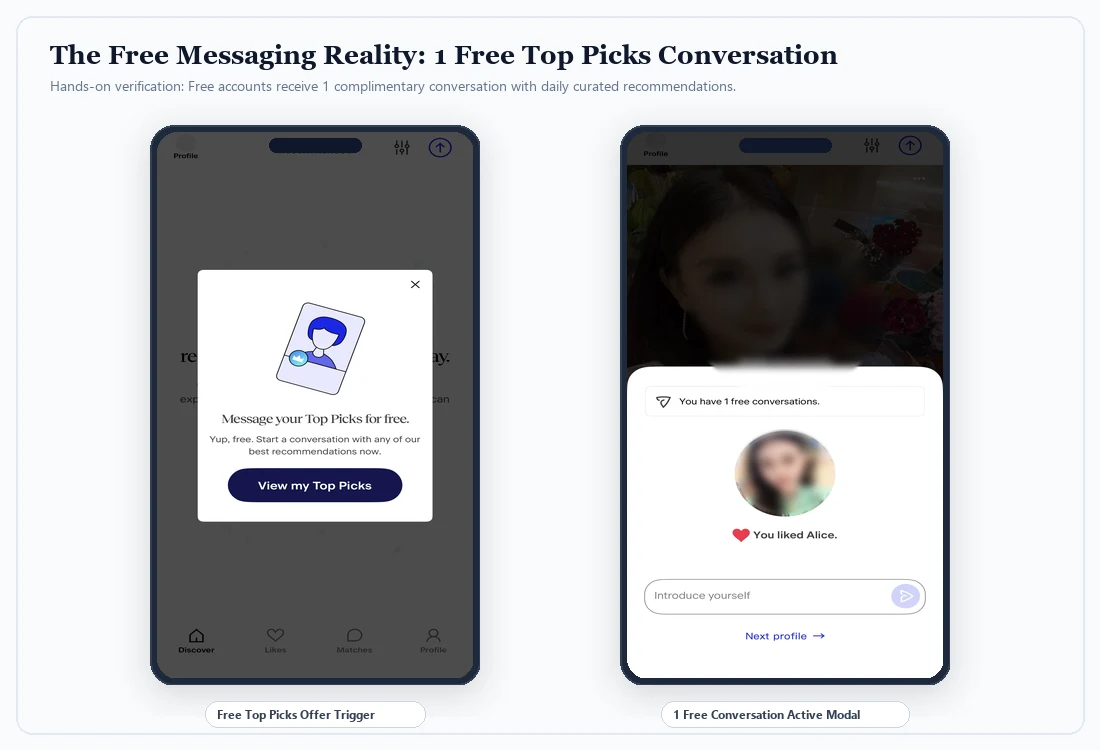 Match free membership limitations and 1 free conversation modal for Top Picks recommendations