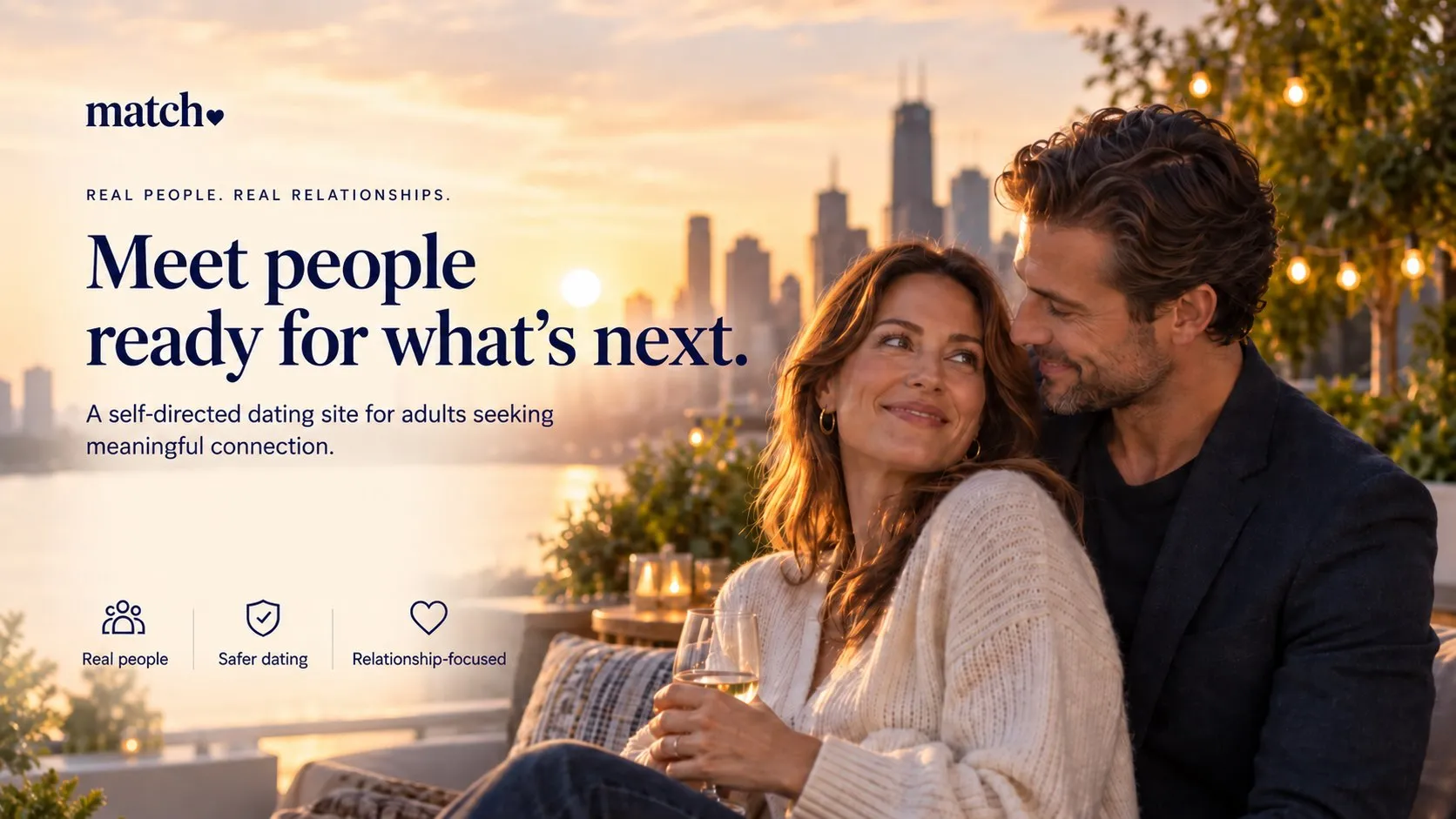 Illustrative Match-style hero image showing a couple on a rooftop at sunset with messaging about meaningful relationships.