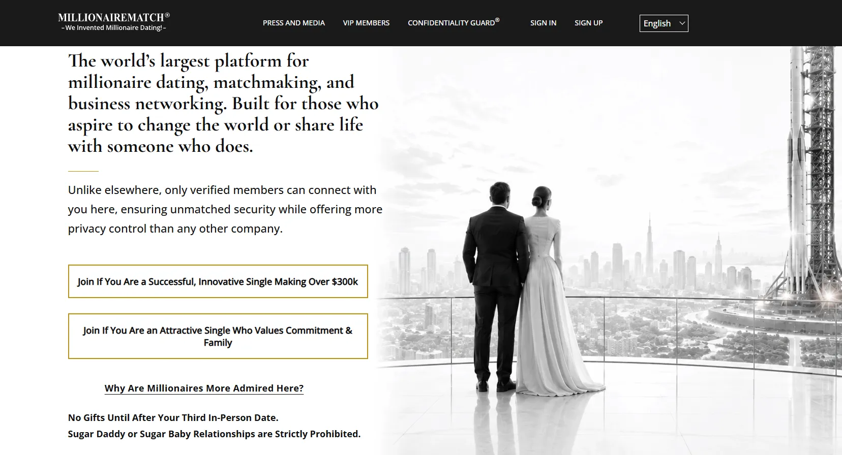 MillionaireMatch homepage showing its affluent dating and commitment-focused positioning.
