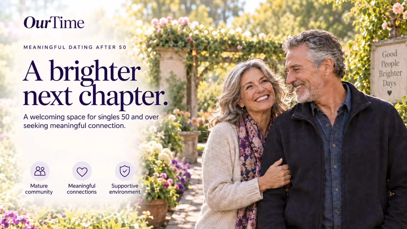 Illustrative OurTime-style hero image showing a mature couple in a garden with messaging about meaningful dating after 50.