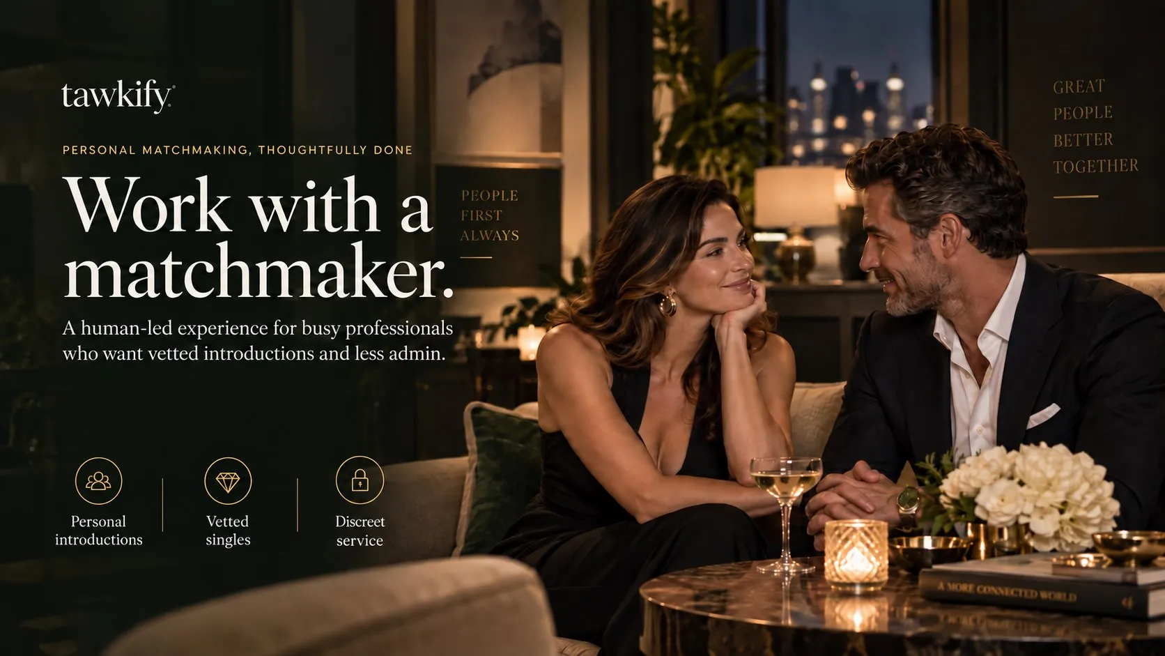 Illustrative Tawkify-style hero image showing an upscale couple in a lounge with messaging about personal matchmaking.