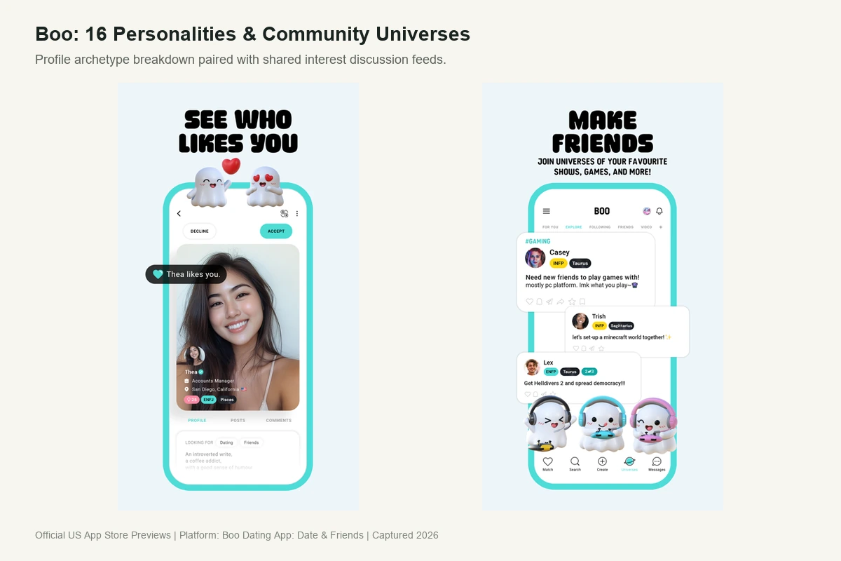 Boo dating app profile interface showing 16 personality types compatibility and community universes feed