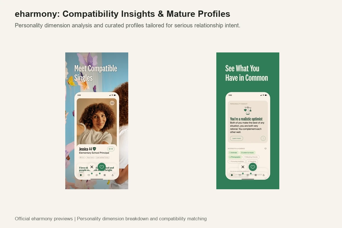 eharmony compatibility matching showing mature member profile and personality insight breakdown